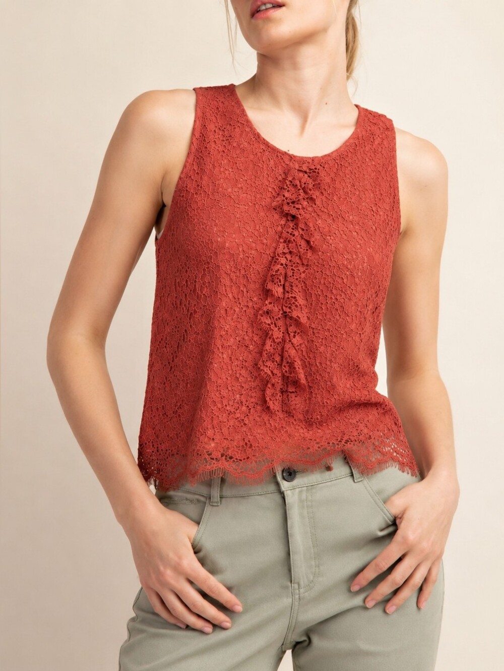 Lace Ruffle Front Sleeveless Top.  NWT